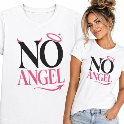 Koszulka damska „No angel” z diabelskimi różkami i aureolą