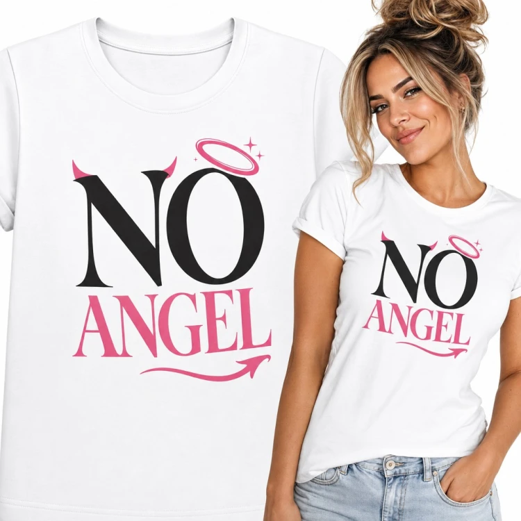 Koszulka damska „No angel” z diabelskimi różkami i aureolą
