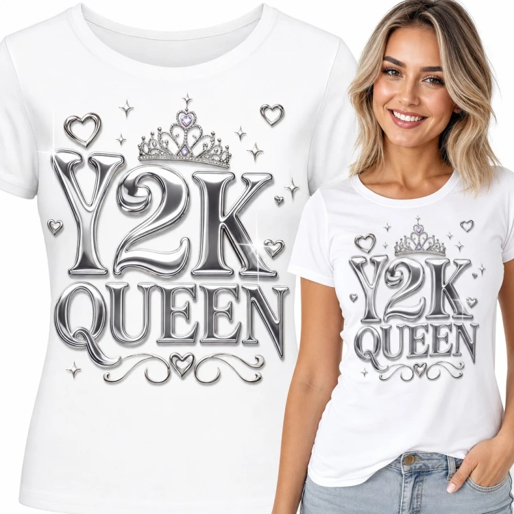 Koszulka damska „Y2K Queen” - chromowany napis z diademem i serduszkami