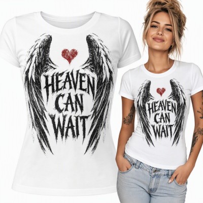 Koszulka damska „Heaven can wait” - czarne skrzydła anioła z czerwonym sercem