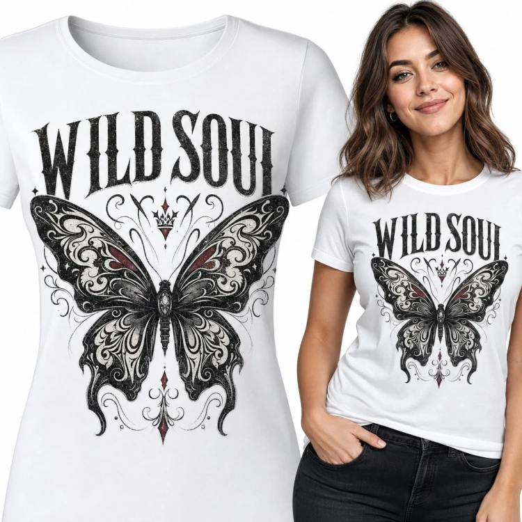 Koszulka damska „Wild soul” - gotycki motyl z ornamentami