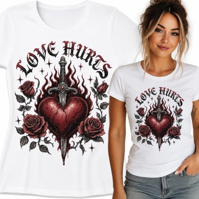 Koszulka damska „Love hurts” - pęknięte serce ze sztyletem i różami