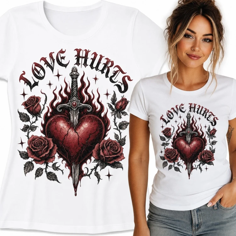 Koszulka damska „Love hurts” - pęknięte serce ze sztyletem i różami