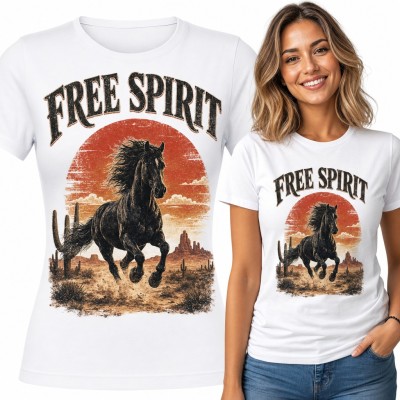 Koszulka damska „Free Spirit” z czarnym mustangiem w stylu western
