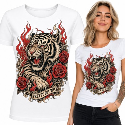 Koszulka damska z tygrysem i różami w stylu tattoo „Pretty but wild”