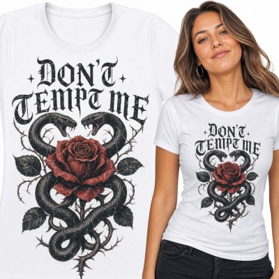 Koszulka damska „Don't tempt me” - węże z czerwoną różą w gotyckim stylu