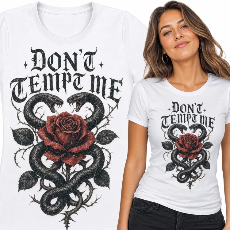 Koszulka damska „Don't tempt me” - węże z czerwoną różą w gotyckim stylu