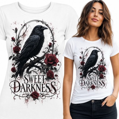 Koszulka damska „Sweet Darkness” - gotycki kruk wśród czerwonych róż