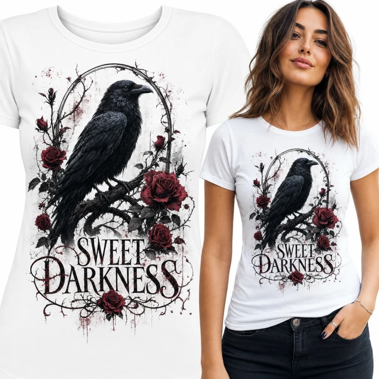 Koszulka damska „Sweet Darkness” - gotycki kruk wśród czerwonych róż