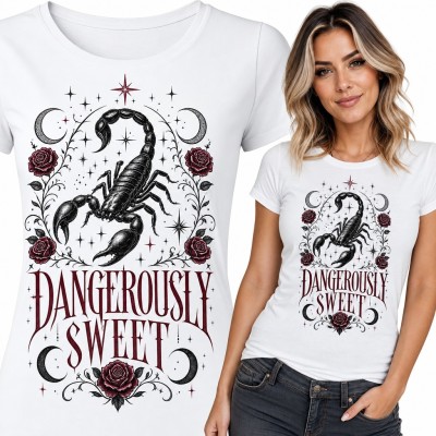 Koszulka damska skorpion wśród róż i półksiężyców - „Dangerously sweet”