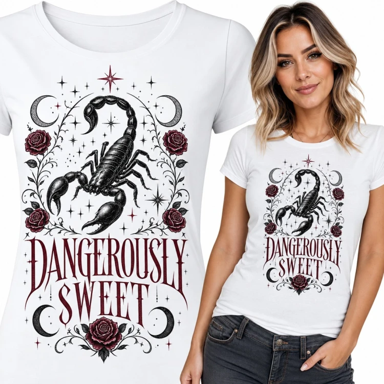 Koszulka damska skorpion wśród róż i półksiężyców - „Dangerously sweet”