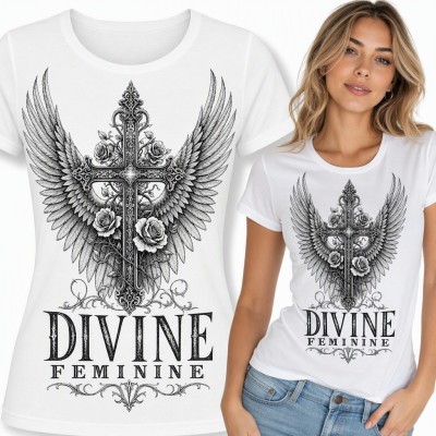 Koszulka damska „Divine Feminine” - krzyż ze skrzydłami anioła i różami