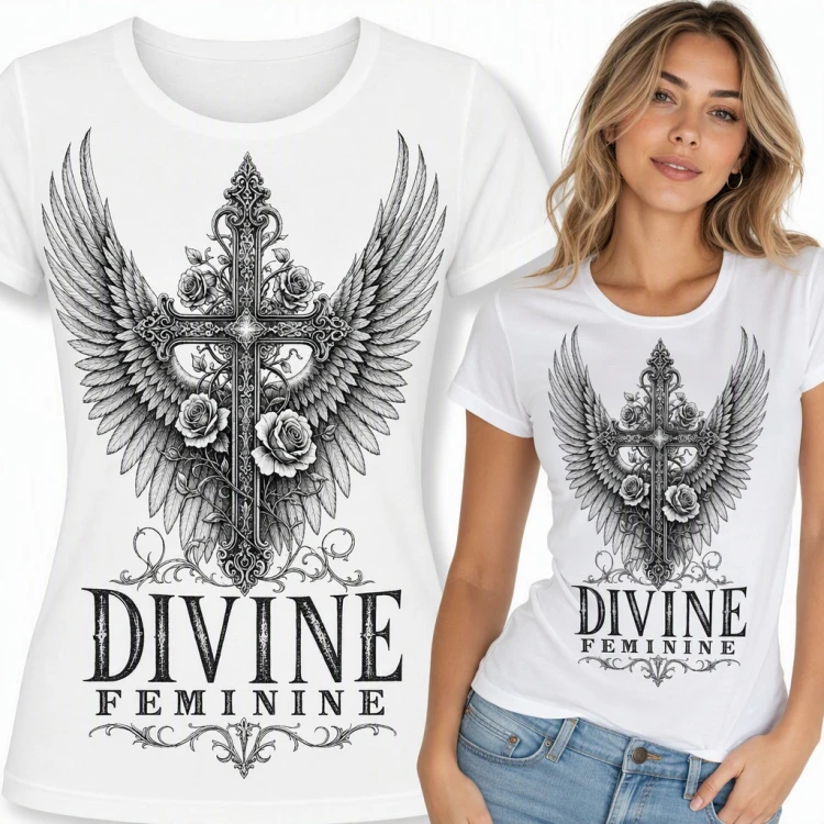 Koszulka damska „Divine Feminine” - krzyż ze skrzydłami anioła i różami