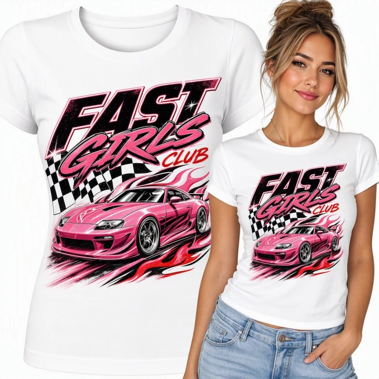 Koszulka damska „Fast Girls Club” - różowe auto tuningowe i flaga wyścigowa