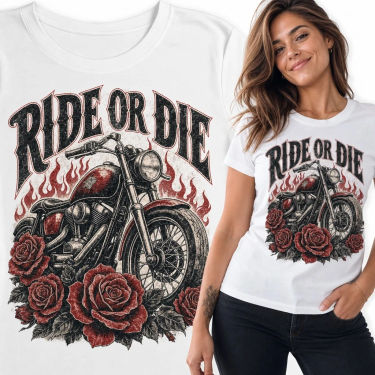 Koszulka damska „Ride or die” - motocykl w płomieniach z różami
