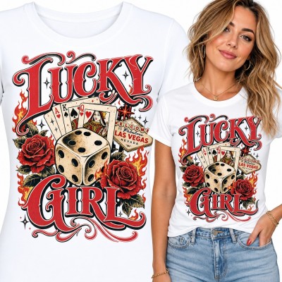 Koszulka damska „Lucky Girl” - karty, kość i róże w stylu Las Vegas