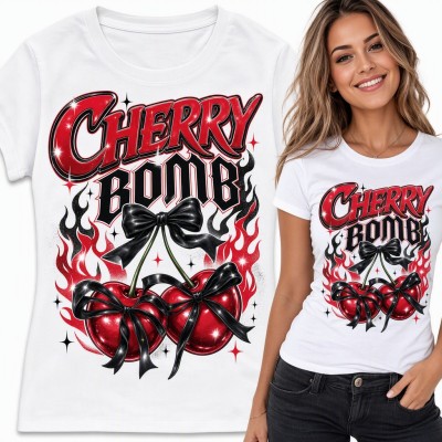 Koszulka damska „Cherry Bomb” - wiśnie z czarnymi kokardami w płomieniach