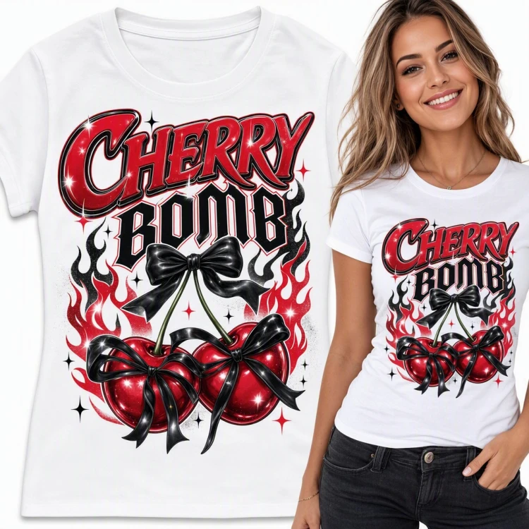 Koszulka damska „Cherry Bomb” - wiśnie z czarnymi kokardami w płomieniach