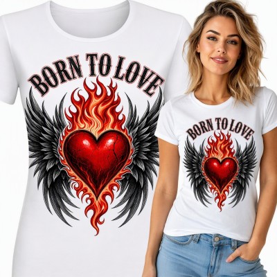 Koszulka damska płonące serce ze skrzydłami „Born to love”