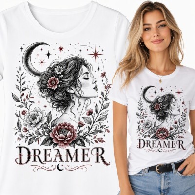 Koszulka damska „Dreamer” - profil marzycielki z półksiężycem i piwoniami