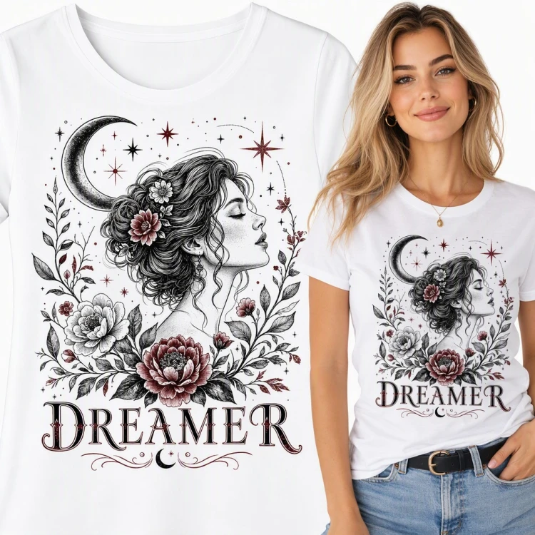 Koszulka damska „Dreamer” - profil marzycielki z półksiężycem i piwoniami