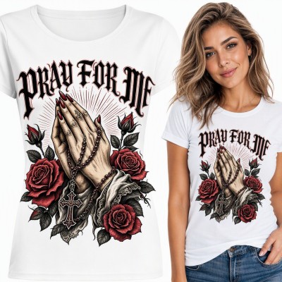 Koszulka damska „Pray for me” - modlące się dłonie z różańcem i różami