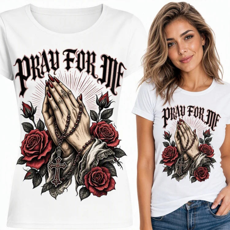 Koszulka damska „Pray for me” - modlące się dłonie z różańcem i różami