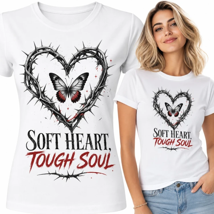 Koszulka damska z cierniowym sercem i motylem „Soft heart, tough soul”