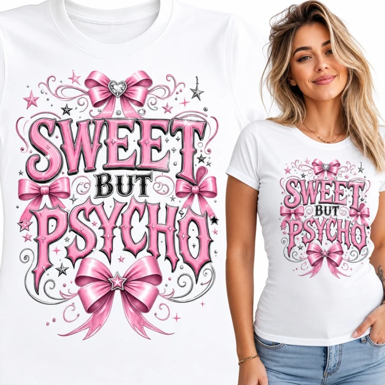 Koszulka damska „Sweet but Psycho” - różowe kokardy i gwiazdki w stylu Y2K