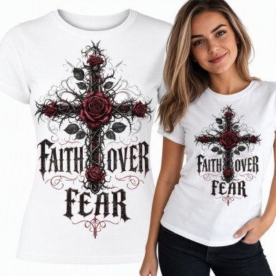 Koszulka damska „Faith over fear” - gotycki krzyż z cierniami i różami