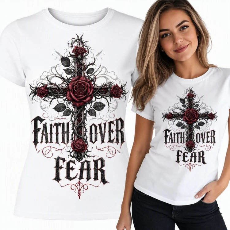 Koszulka damska „Faith over fear” - gotycki krzyż z cierniami i różami