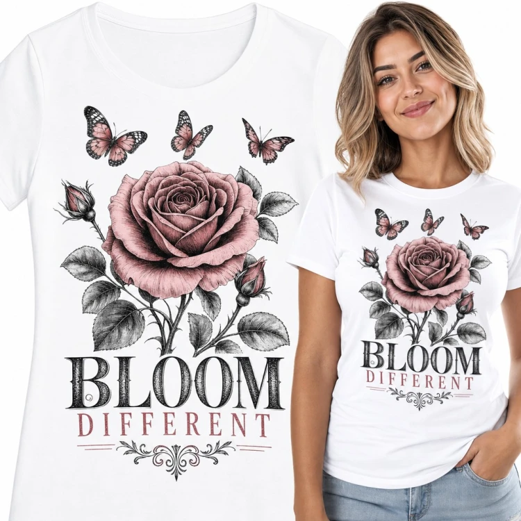 Koszulka damska z różą i motylami „Bloom different”