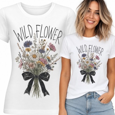 Koszulka damska bukiet polnych kwiatów z czarną kokardą „Wild flower”