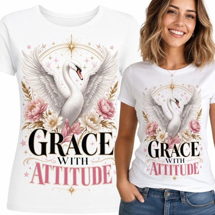 Koszulka damska z łabędziem wśród piwonii „Grace with attitude”
