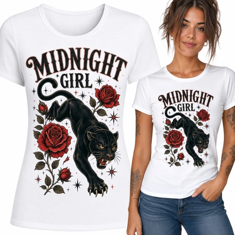 Koszulka damska „Midnight Girl” - czarna pantera i czerwone róże w stylu tattoo