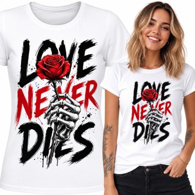 Koszulka damska „Love never dies” - szkieletowa dłoń z czerwoną różą