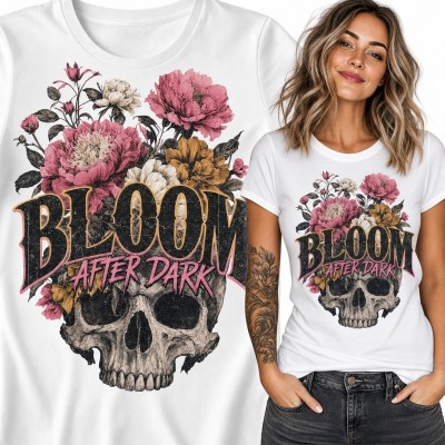 Koszulka damska z czaszką i piwoniami „Bloom after dark”