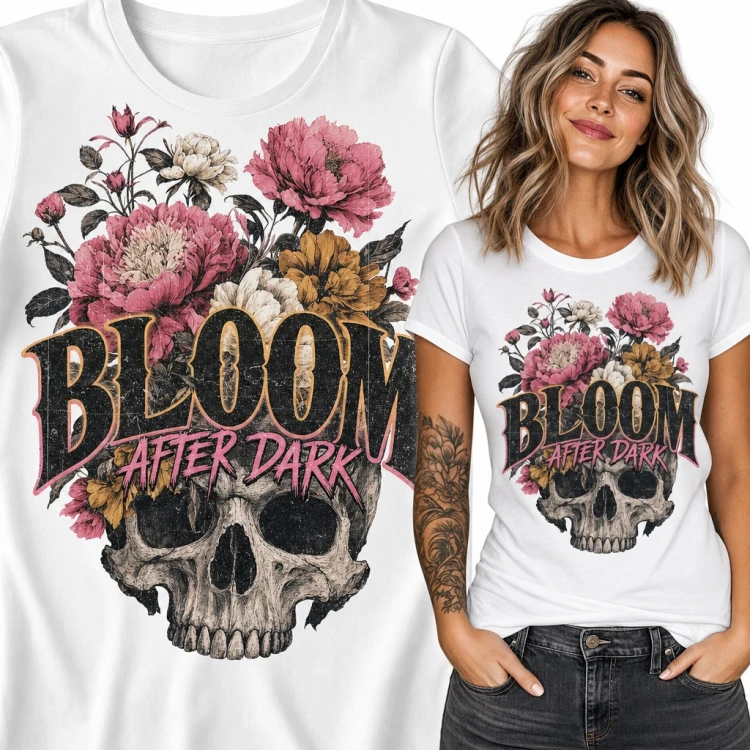 Koszulka damska z czaszką i piwoniami „Bloom after dark”