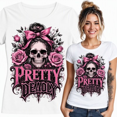 Koszulka damska z czaszką z kokardą wśród róż - gotycki napis „Pretty Deadly”