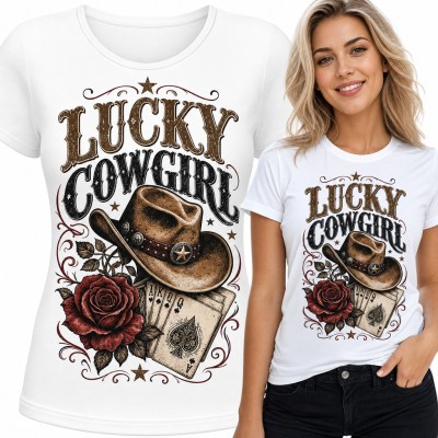 Koszulka damska western „Lucky Cowgirl” - kapelusz kowbojski, karty i róża
