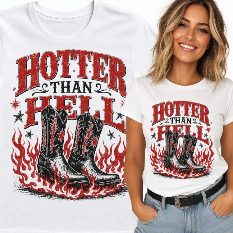 Koszulka damska „Hotter than hell” - kowbojki w płomieniach w stylu western