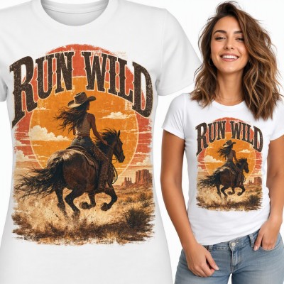 Koszulka damska western „Run wild” - cowgirl na galopującym koniu