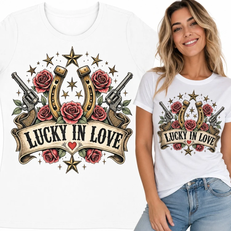 Koszulka damska „Lucky in love” - podkowy, rewolwery i róże w stylu western