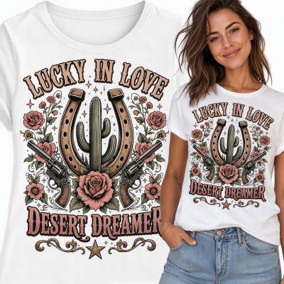 Koszulka damska western „Lucky in love Desert dreamer” - podkowa, kaktus i róże
