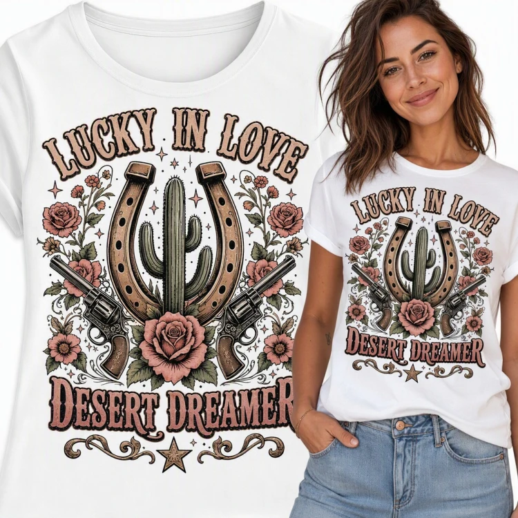 Koszulka damska western „Lucky in love Desert dreamer” - podkowa, kaktus i róże