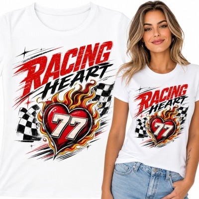 Koszulka damska „Racing Heart” - płonące serce z numerem 77 i flagą wyścigową