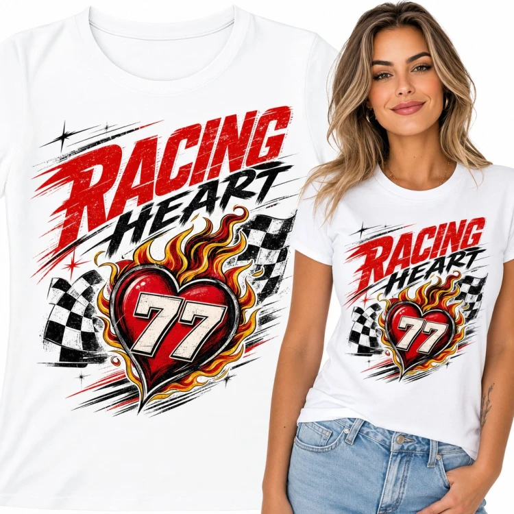 Koszulka damska „Racing Heart” - płonące serce z numerem 77 i flagą wyścigową