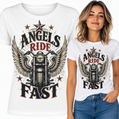 Koszulka damska z motocyklem i skrzydłami „Angels ride fast” - dla motocyklistki