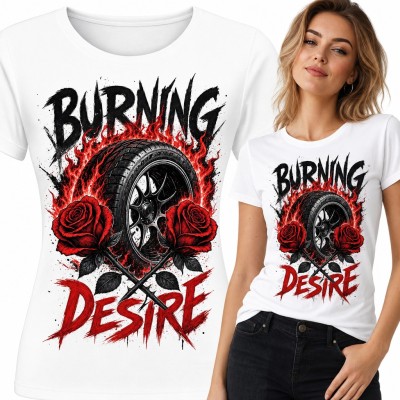 Koszulka damska „Burning Desire” - płonąca opona z różami dla fanki motoryzacji