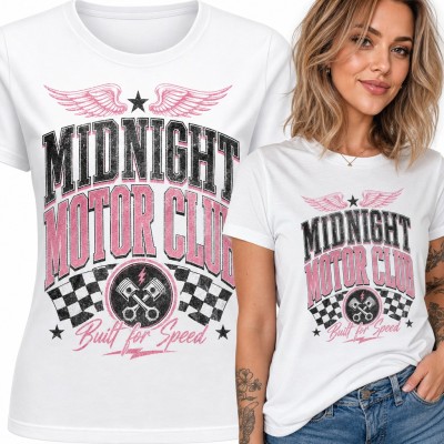 Koszulka damska „Midnight Motor Club” - retro tłoki i flagi wyścigowe
